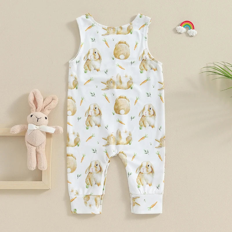 Summer Infant Baby Boys Girls Romper Easter Baby Jumpsuit Casual Sleeveless Carrot Bunny Print Kids Playsuit Clothes Neutral Baby Boutique