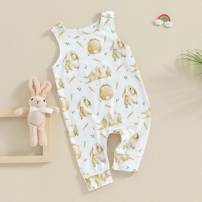 Summer Infant Baby Boys Girls Romper Easter Baby Jumpsuit Casual Sleeveless Carrot Bunny Print Kids Playsuit Clothes Neutral Baby Boutique