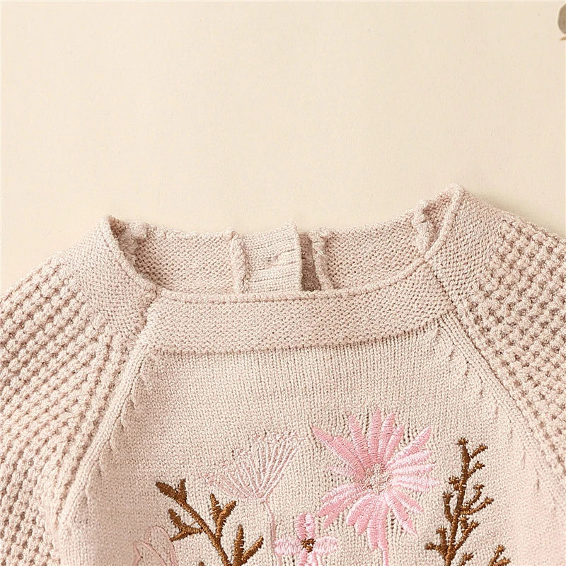 Newborn Baby Girls Waffle Sweater Rompers Flower Embroidery Cotton Long Sleeve Drawstring Infant Fall Toddler Clothes Jumpsuit Neutral Baby Boutique